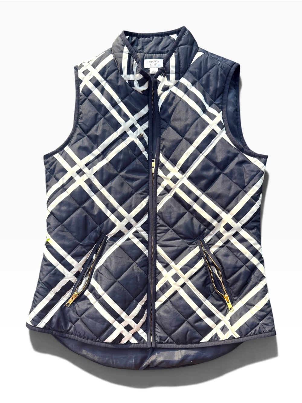 crown & ivy Navy Plaid Quilted Zip Vest with Gold Zippers